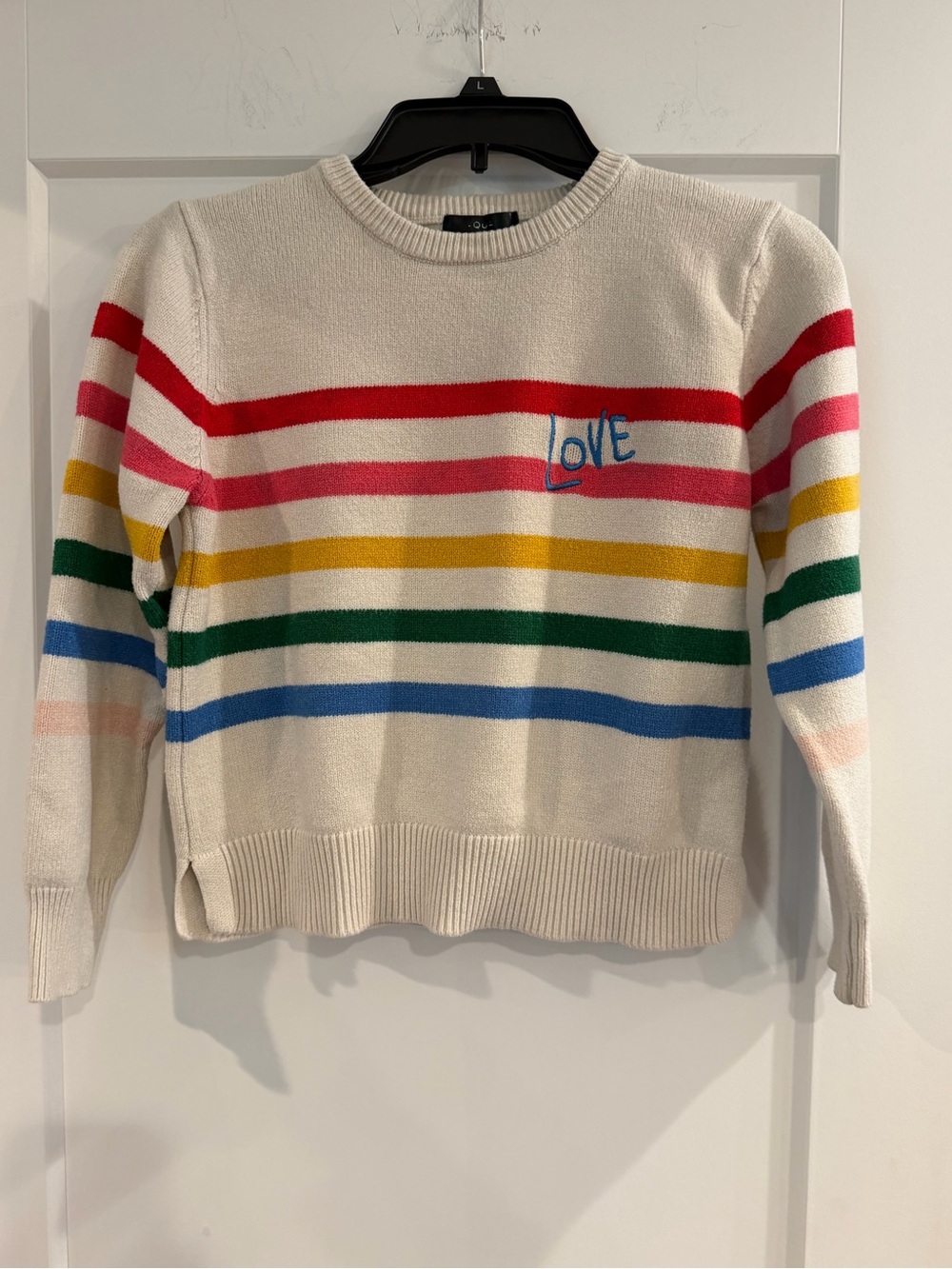 Aqua Girls Cream Rainbow Stripe Crewneck Sweater with "Love" Embroidery